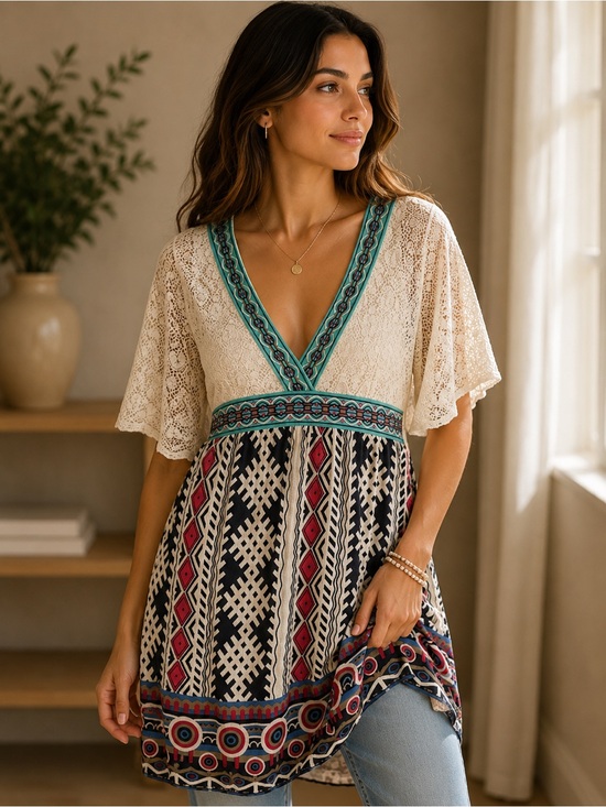 Flying Tomato Tops - Flying Tomato Teal and Pink Bohemian Dress
